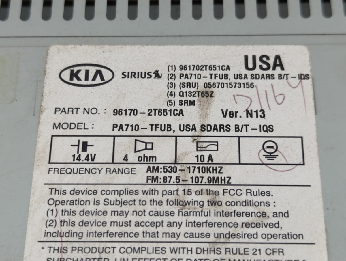 2011-2013 Kia Optima Radio AM FM Cd Player Receiver Replacement P/N:96170-3T651CA Fits 2011 2012 2013 OEM Used Auto Parts - 