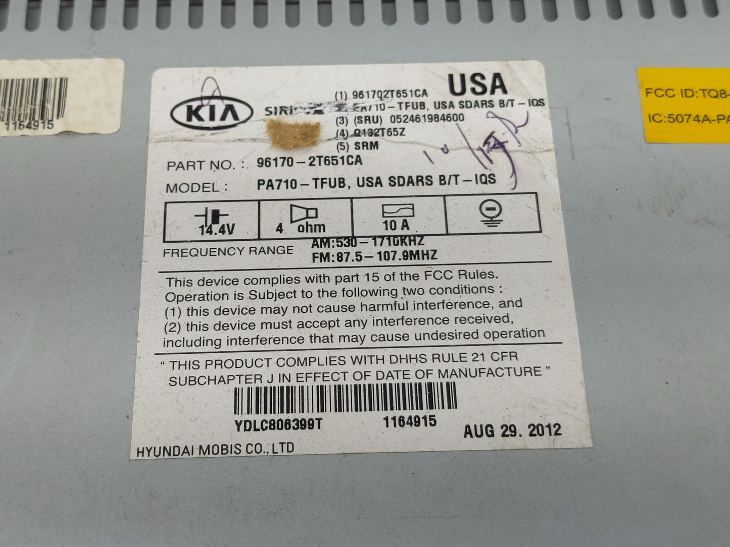 2011-2013 Kia Optima Radio AM FM Cd Player Receiver Replacement P/N:96170-2T651CA Fits Fits 2011 2012 2013 OEM Used Auto Par