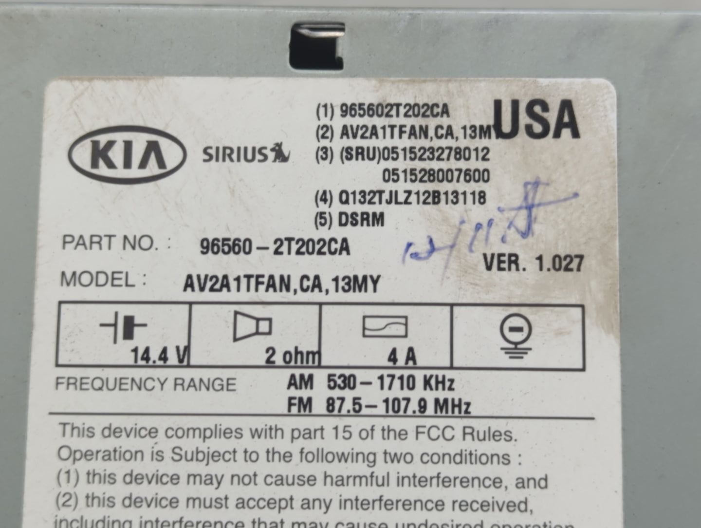 2013 Kia Optima Radio AM FM Cd Player Receiver Replacement P/N:26560-2T202CA Fits OEM Used Auto Parts - Oemusedautoparts1.co