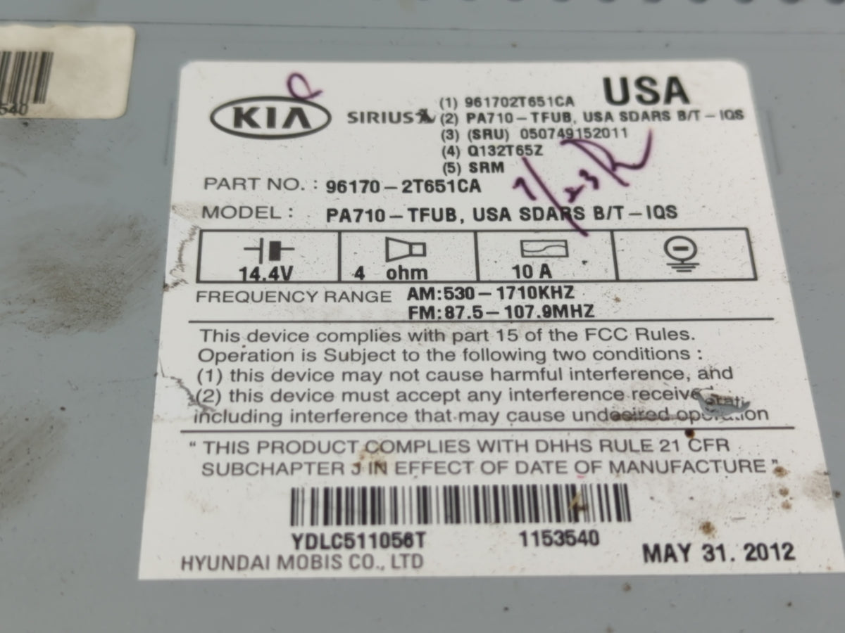 2013 Kia Optima Radio AM FM Cd Player Receiver Replacement P/N:96170-2T651CA OEM Used Auto Parts - Oemusedautoparts1.com