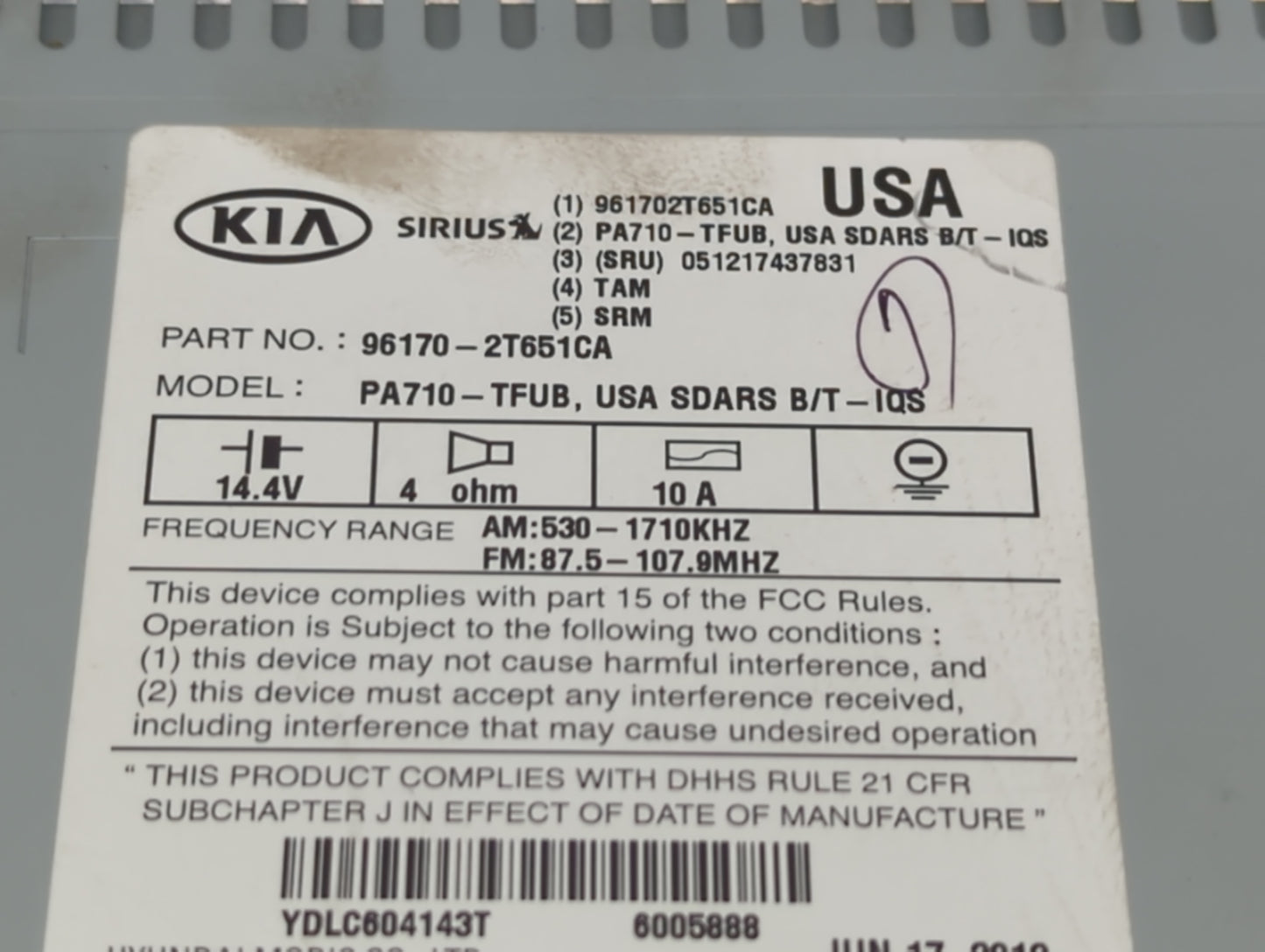 2011-2013 Kia Optima Radio AM FM Cd Player Receiver Replacement P/N:96170-2T651CA Fits Fits 2011 2012 2013 OEM Used Auto Par
