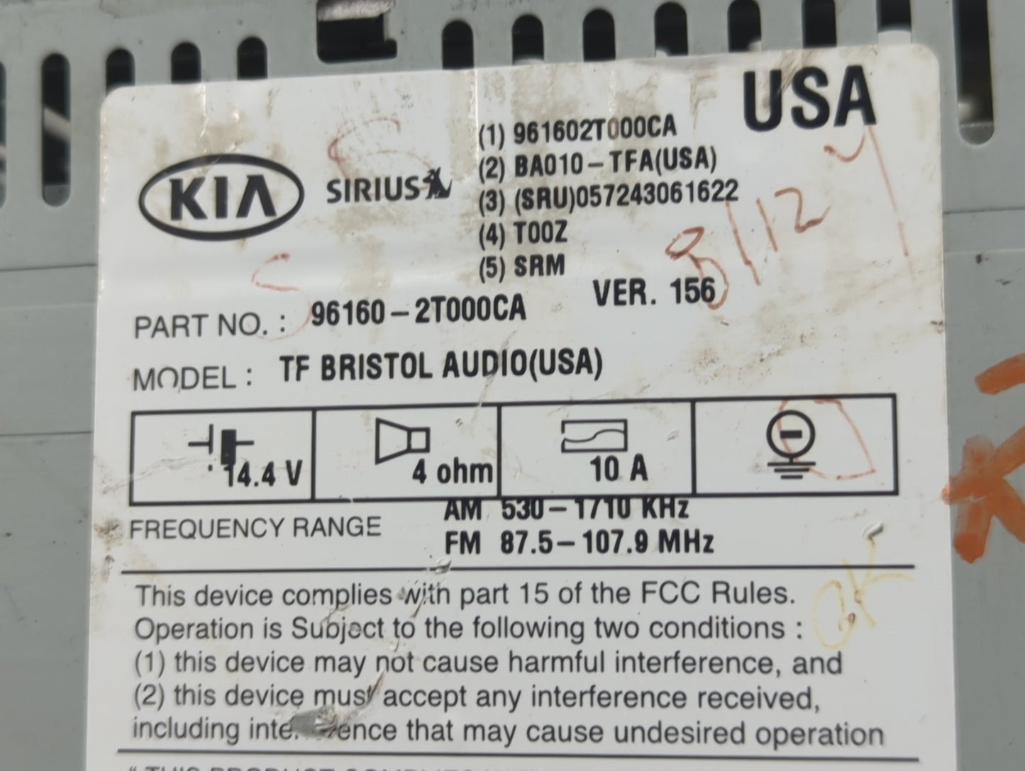 2012-2013 Kia Optima Radio AM FM Cd Player Receiver Replacement P/N:961602T000CA 96160-2T000CA Fits Fits 2012 2013 OEM Used 