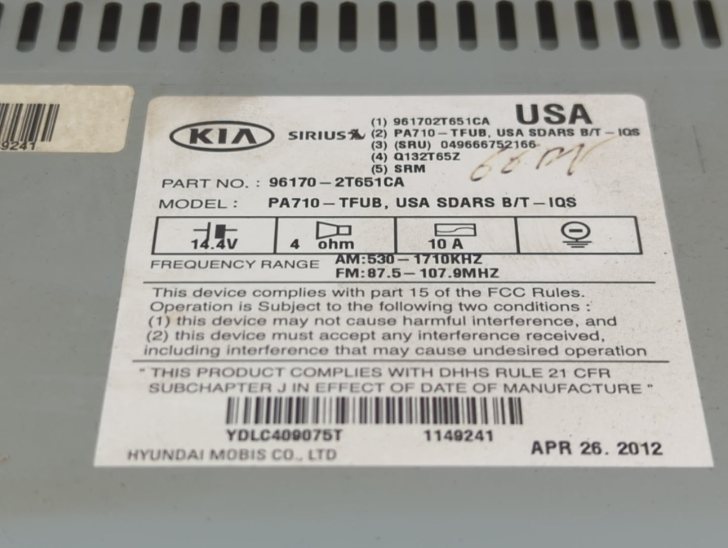 2011-2013 Kia Optima Radio AM FM Cd Player Receiver Replacement P/N:961702T651CA 96170-2T651CA Fits Fits 2011 2012 2013 OEM 