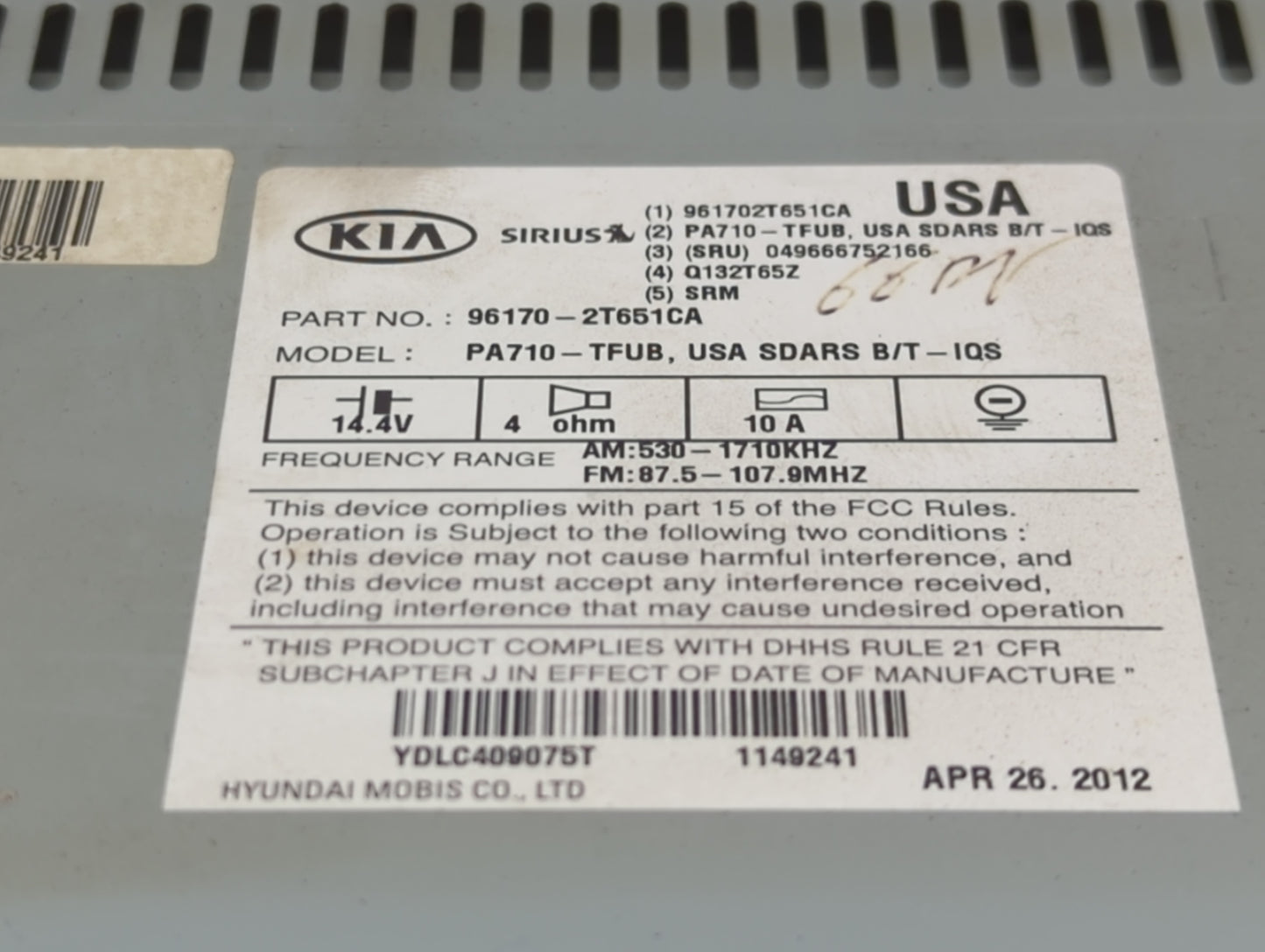 2011-2013 Kia Optima Radio AM FM Cd Player Receiver Replacement P/N:961702T651CA 96170-2T651CA Fits Fits 2011 2012 2013 OEM 