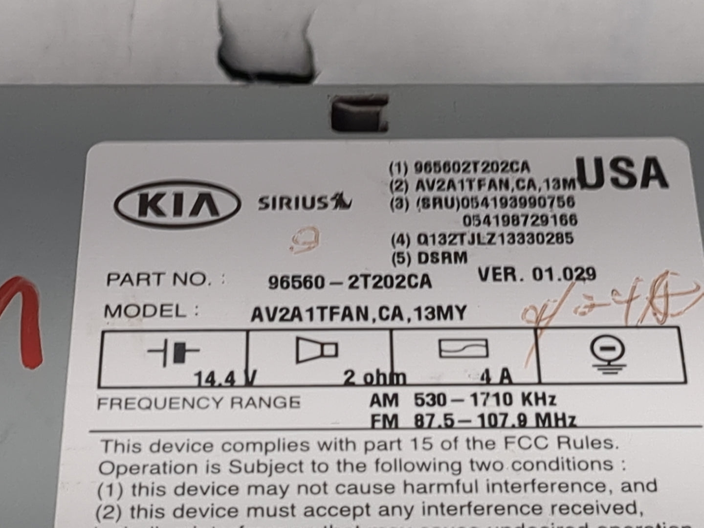 2013 Kia Optima Radio AM FM Cd Player Receiver Replacement P/N:965602T202CA 96560-2T202CA, AV2A1TFAN,CA,13MY Fits OEM Used A