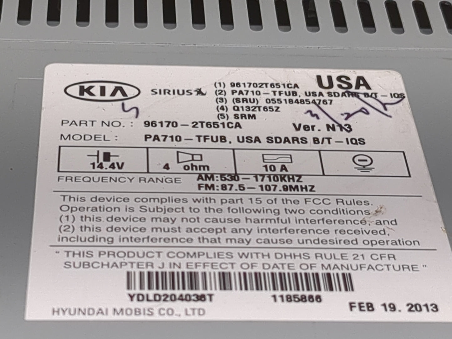2011-2013 Kia Optima Radio AM FM Cd Player Receiver Replacement P/N:961702T651CA 96170-2T651CA Fits Fits 2011 2012 2013 OEM 