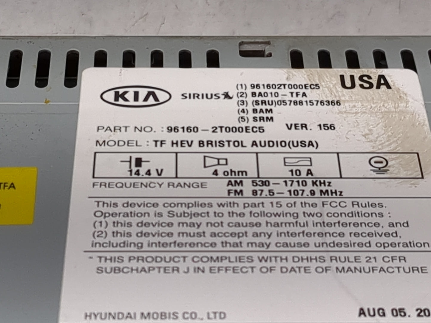 2011-2013 Kia Optima Radio AM FM Cd Player Receiver Replacement P/N:96160-2T000EC5 961602T000EC5 Fits Fits 2011 2012 2013 OE