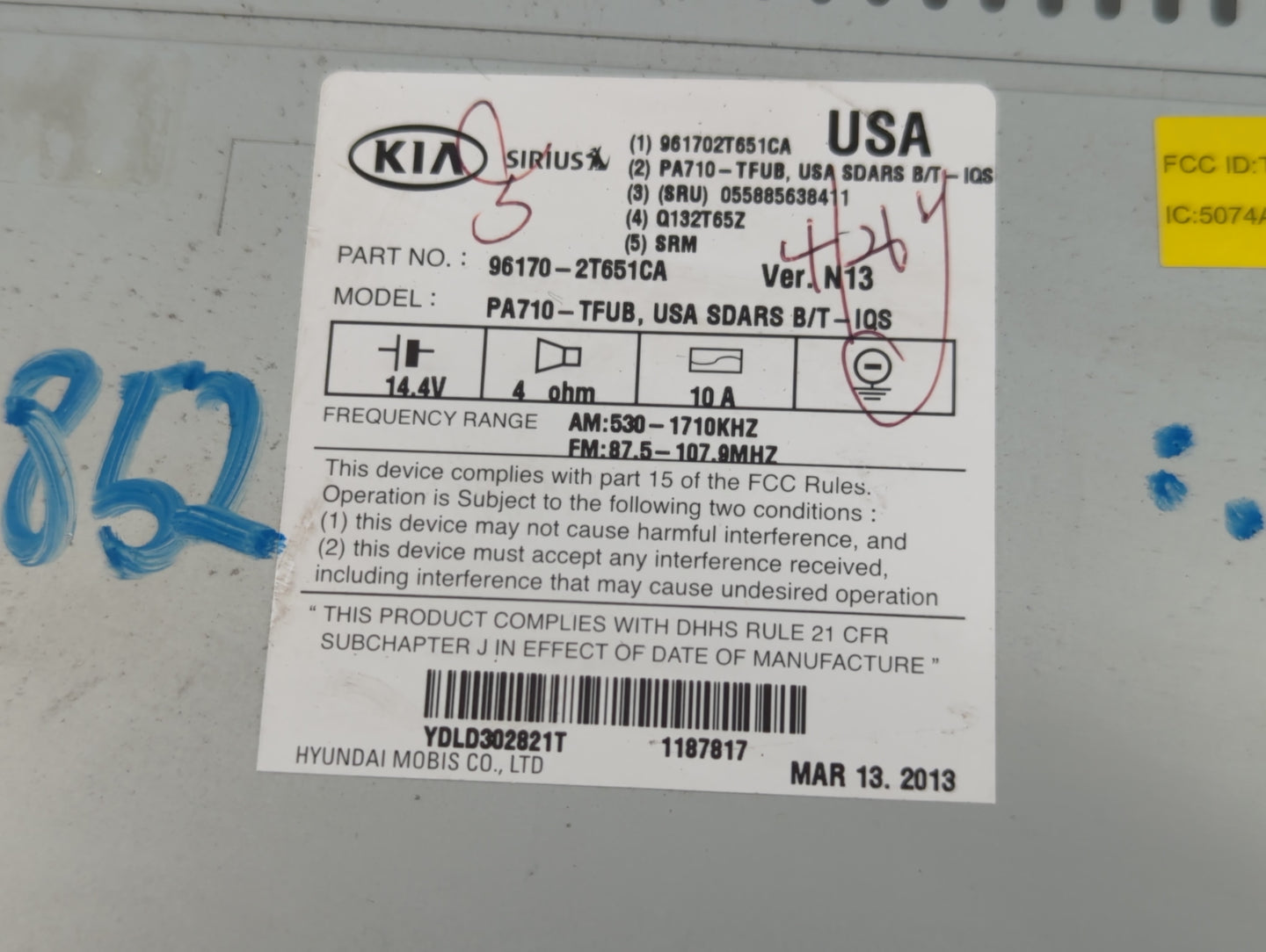2011-2013 Kia Optima Radio AM FM Cd Player Receiver Replacement P/N:96170-2T651CA Fits Fits 2011 2012 2013 OEM Used Auto Par