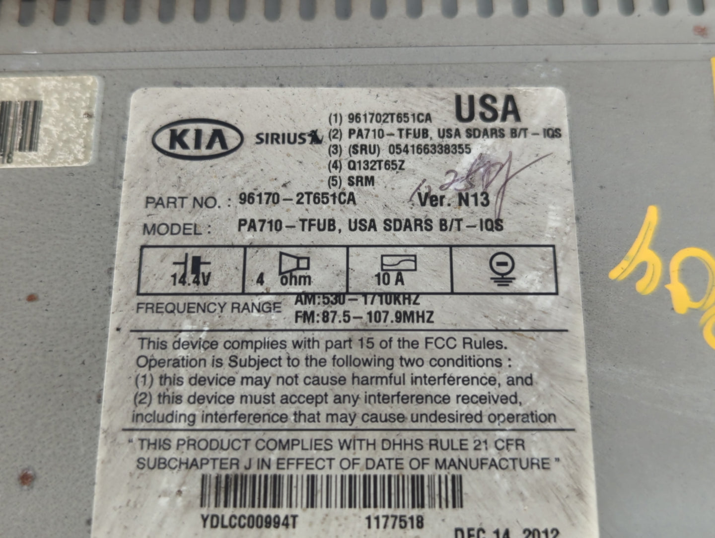 2011-2013 Kia Optima Radio AM FM Cd Player Receiver Replacement P/N:96170-2T651CA Fits Fits 2011 2012 2013 OEM Used Auto Par