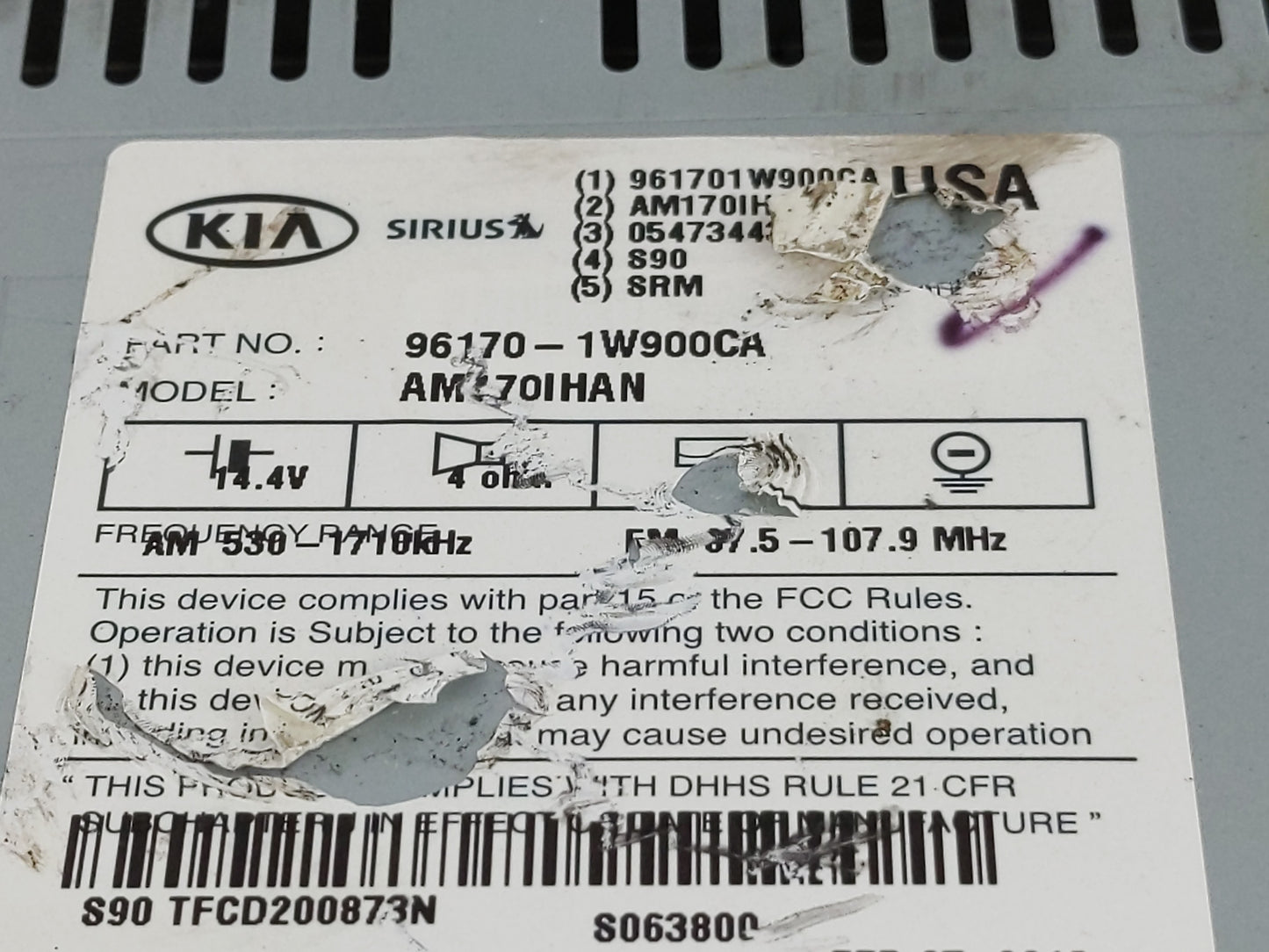 2012-2015 Kia Rio Radio AM FM Cd Player Receiver Replacement P/N:96170-1W900CA Fits Fits 2012 2013 2014 2015 OEM Used Auto P