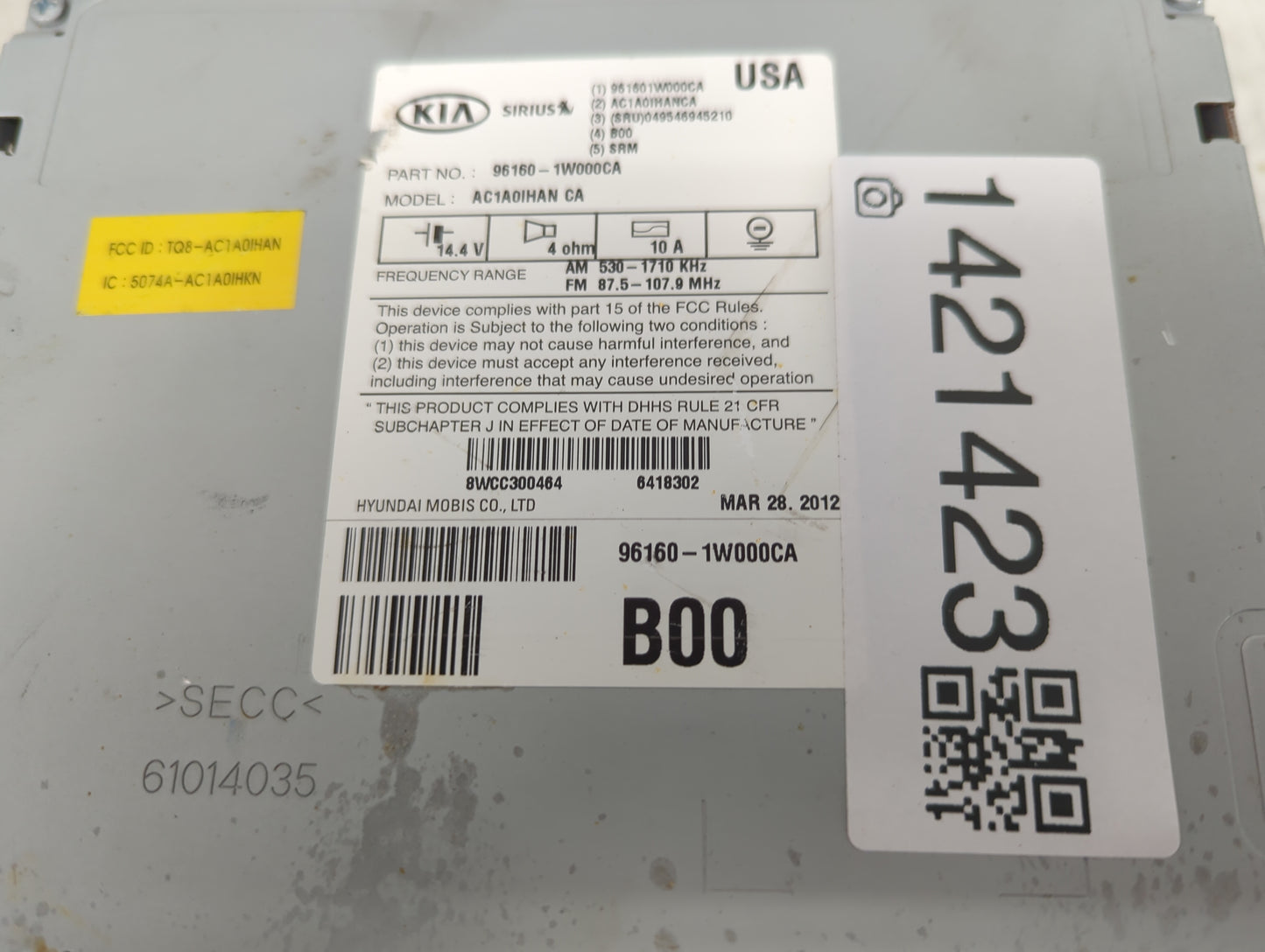 2012-2015 Kia Rio Radio AM FM Cd Player Receiver Replacement P/N:96160-1W000CA Fits Fits 2012 2013 2014 2015 OEM Used Auto P