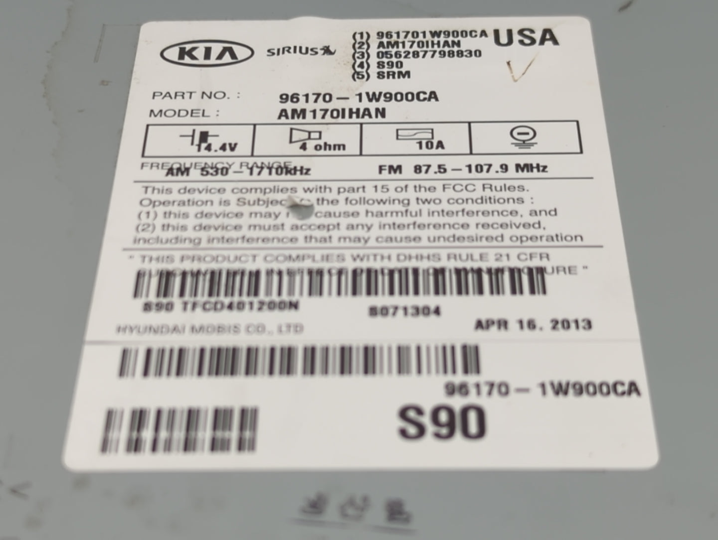 2013 Kia Rio Radio AM FM Cd Player Receiver Replacement P/N:96170-1W900CA AM170IHAN Fits OEM Used Auto Parts - Oemusedautopa