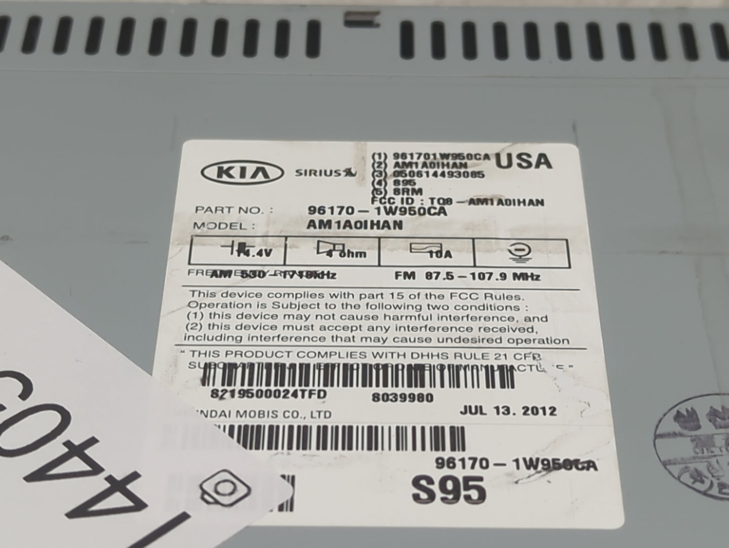 2012-2015 Kia Rio Radio AM FM Cd Player Receiver Replacement P/N:96170-1W950CA Fits Fits 2012 2013 2014 2015 OEM Used Auto P