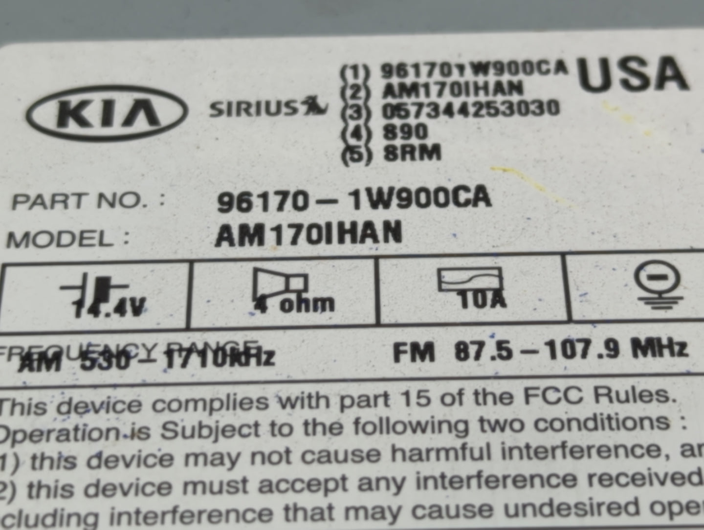 2012-2015 Kia Rio Radio AM FM Cd Player Receiver Replacement P/N:96170-1W900CA Fits Fits 2012 2013 2014 2015 OEM Used Auto P