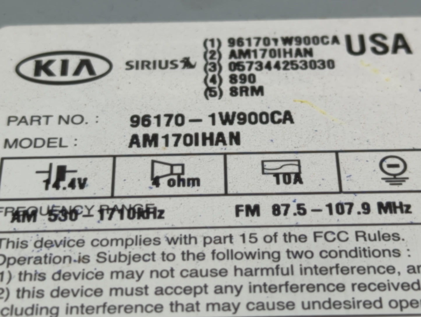 2012-2015 Kia Rio Radio AM FM Cd Player Receiver Replacement P/N:96170-1W900CA Fits Fits 2012 2013 2014 2015 OEM Used Auto P