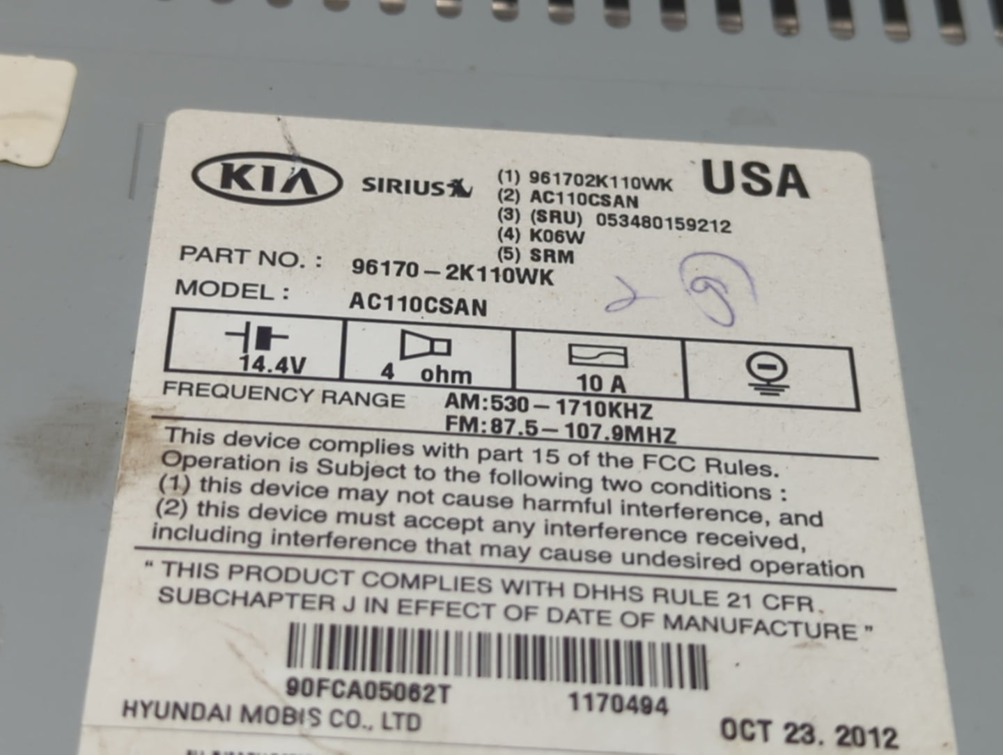 2012-2013 Kia Soul Radio AM FM Cd Player Receiver Replacement P/N:961702K110WK AC110CSAN, 90FCA05062T Fits Fits 2012 2013 OE