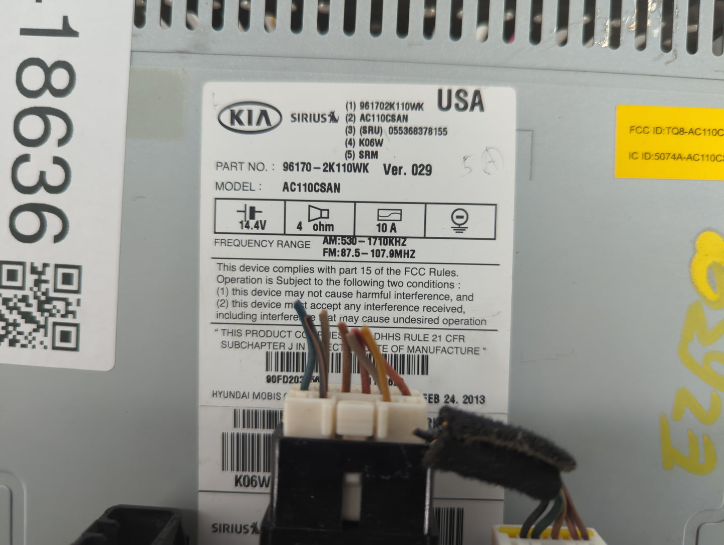 2012-2013 Kia Soul Radio AM FM Cd Player Receiver Replacement P/N:96170-2K100WK 96170-2K110WK Fits Fits 2012 2013 OEM Used A