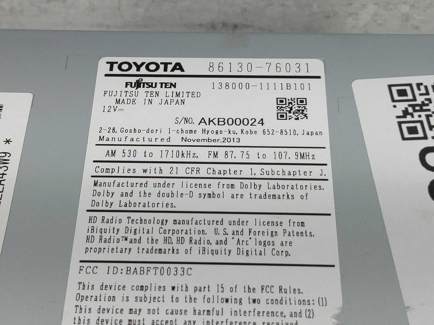 2013 Lexus Ct200h Radio AM FM Cd Player Receiver Replacement P/N:86130-76031 Fits OEM Used Auto Parts - Oemusedautoparts1.co