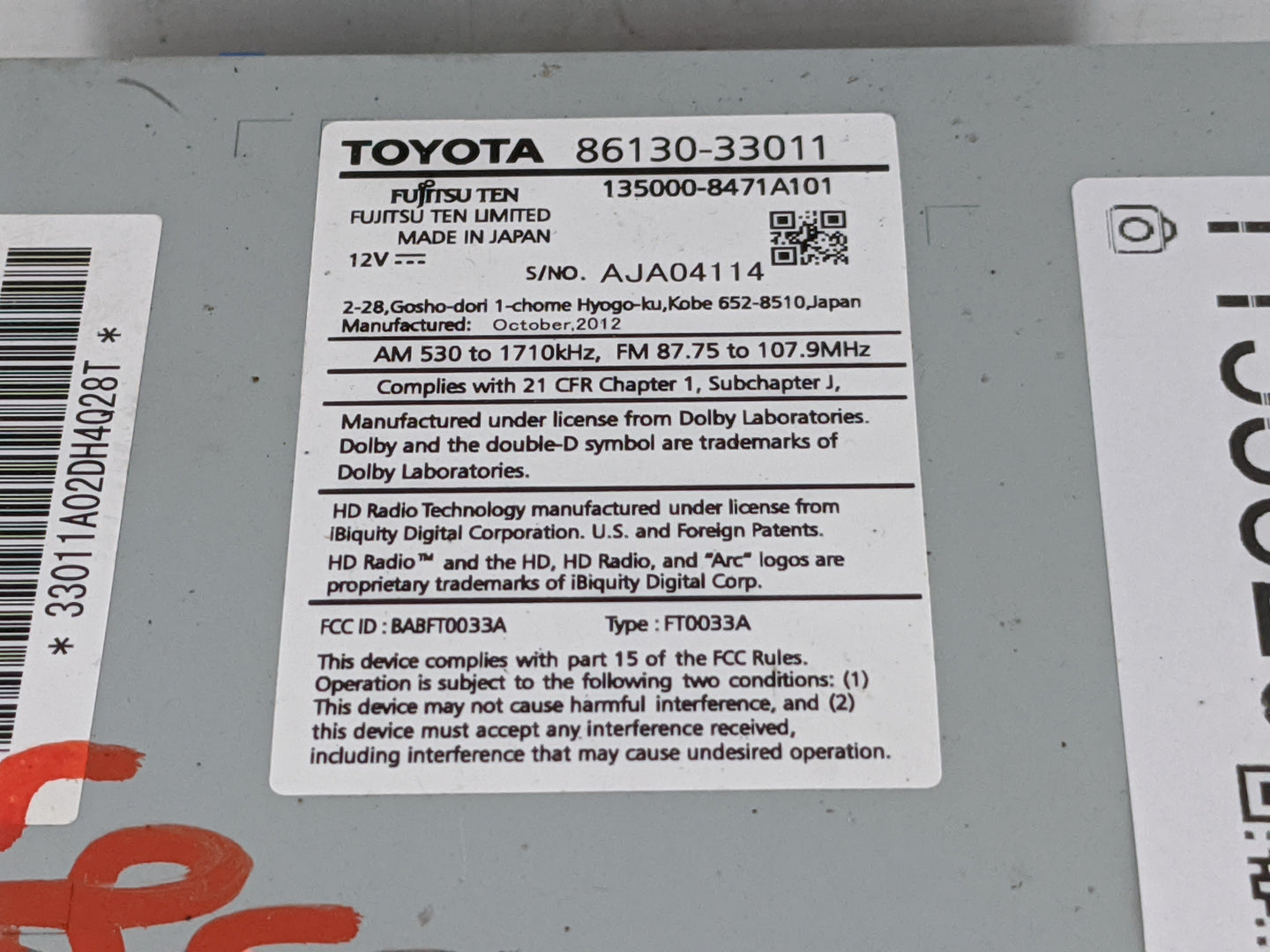 2013 Lexus Es350 Radio AM FM Cd Player Receiver Replacement P/N:86130-33011 Fits OEM Used Auto Parts - Oemusedautoparts1.com