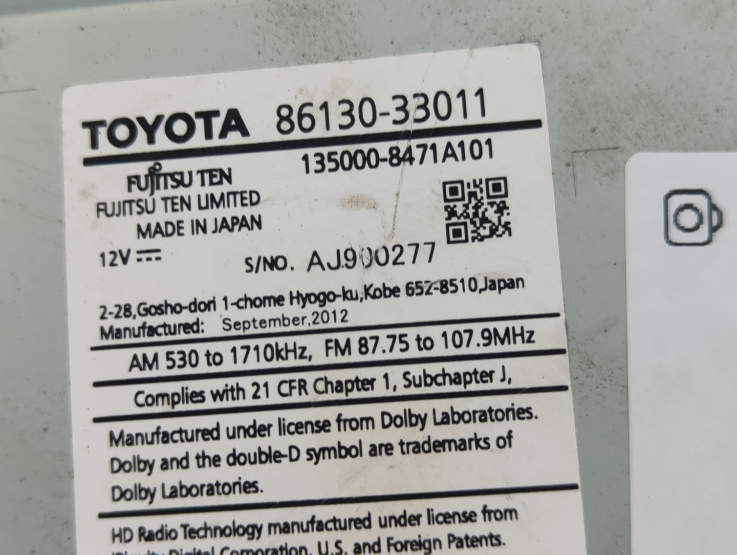 2013-2014 Lexus Es350 Radio AM FM Cd Player Receiver Replacement P/N:86130-33011 135000-8471A101 Fits Fits 2013 2014 OEM Use