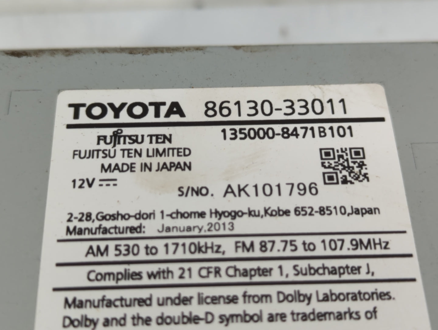 2013 Lexus Es350 Radio AM FM Cd Player Receiver Replacement P/N:86130-33011 Fits OEM Used Auto Parts - Oemusedautoparts1.com