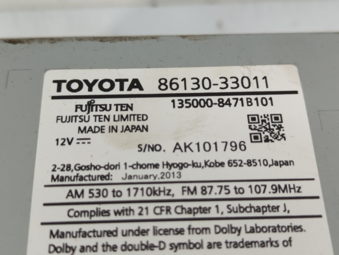 2013 Lexus Es350 Radio AM FM Cd Player Receiver Replacement P/N:86130-33011 Fits OEM Used Auto Parts - Oemusedautoparts1.com