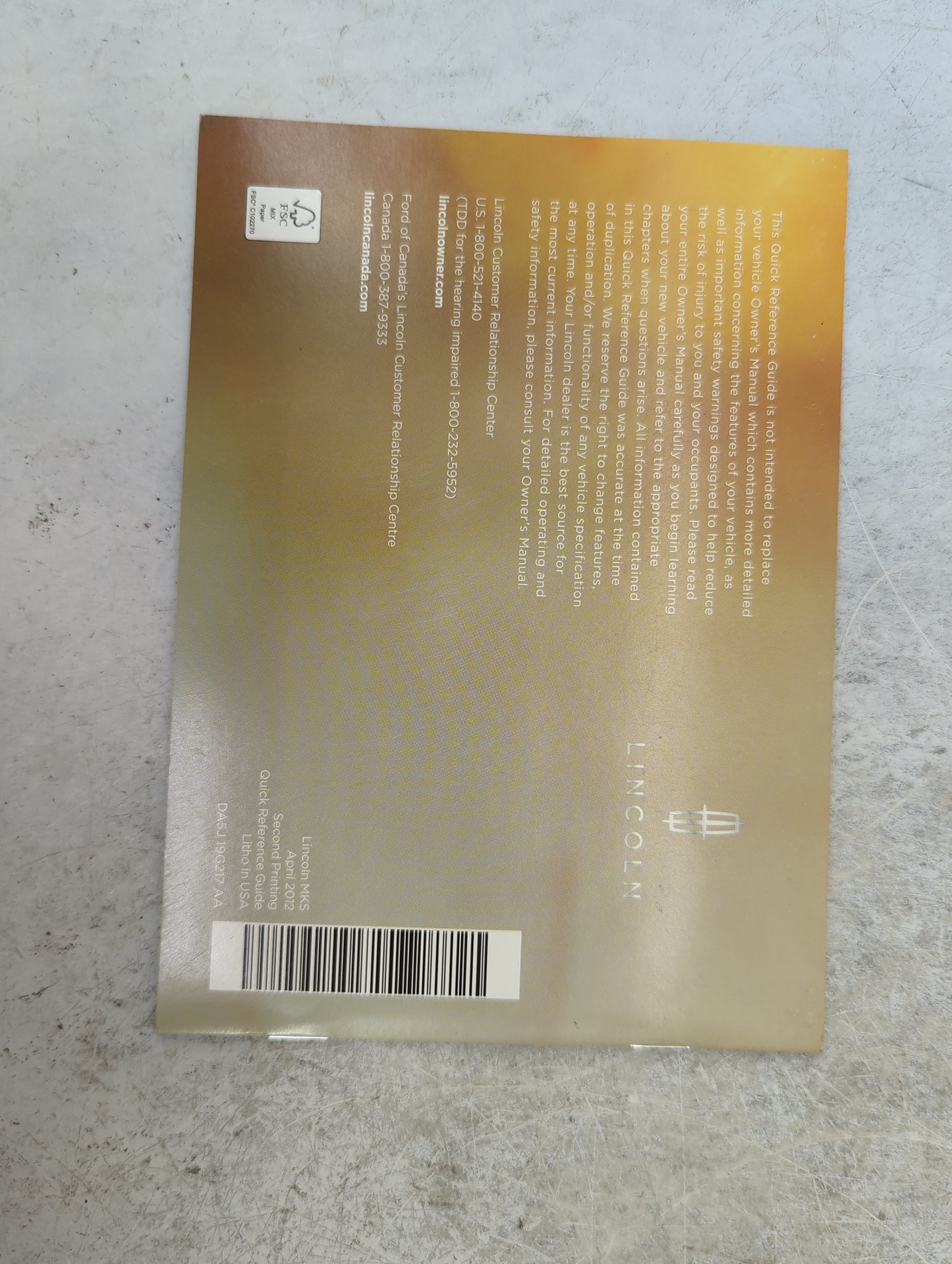 2013 Lincoln Mks Owners Manual Book Guide P/N:DA5J 19A321 AA DA5J 19G217 AA OEM Used Auto Parts - Oemusedautoparts1.com