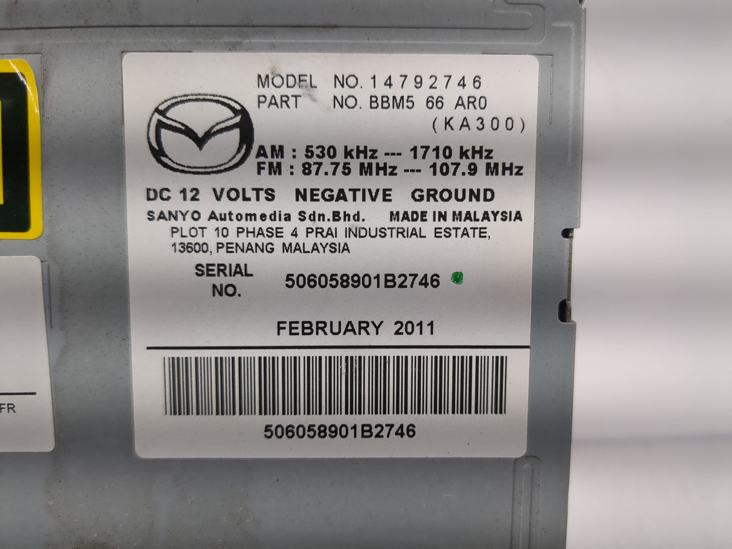 2011 Mazda 3 Radio AM FM Cd Player Receiver Replacement P/N:BBM5 66 AR0 Fits OEM Used Auto Parts - Oemusedautoparts1.com