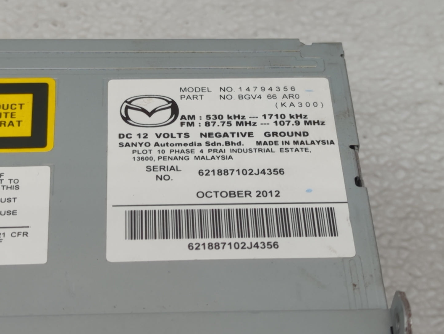 2012-2013 Mazda 3 Radio AM FM Cd Player Receiver Replacement P/N:BGV4 66 AR0 Fits Fits 2012 2013 OEM Used Auto Parts - Oemus