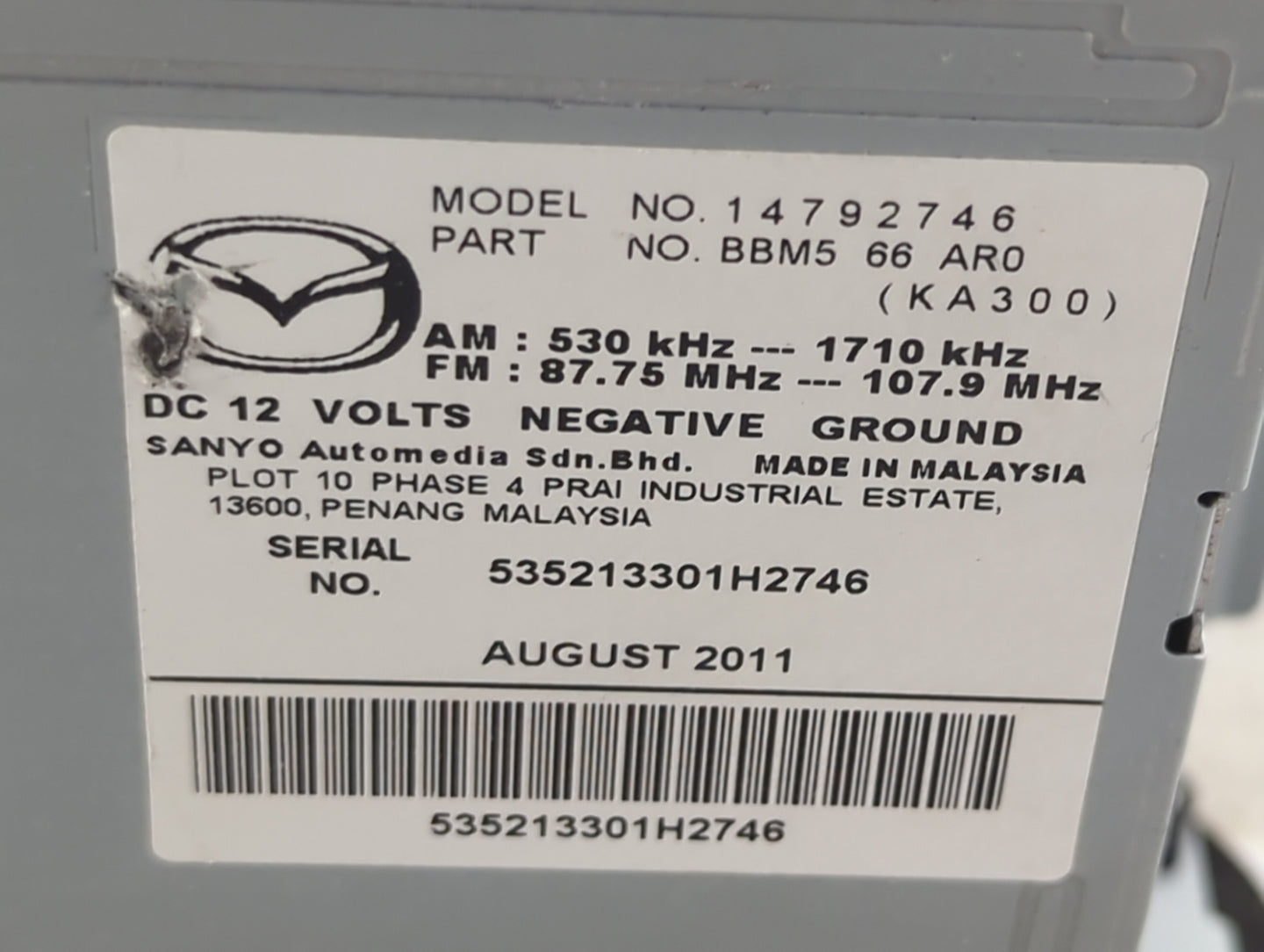 2012-2013 Mazda 3 Radio AM FM Cd Player Receiver Replacement P/N:BBM5 66 AR0 14792746 Fits Fits 2012 2013 OEM Used Auto Part