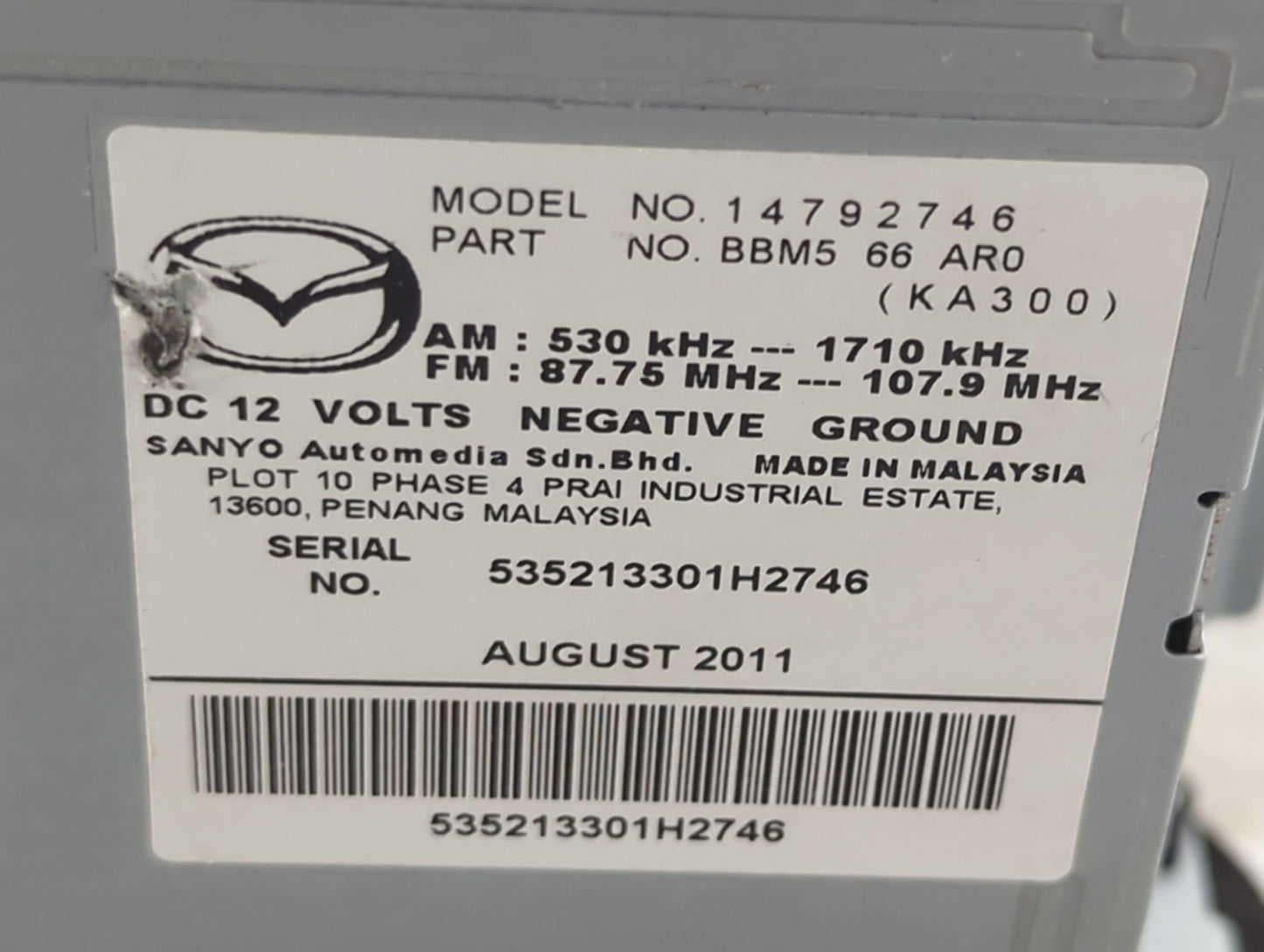 2012-2013 Mazda 3 Radio AM FM Cd Player Receiver Replacement P/N:BBM5 66 AR0 14792746 Fits Fits 2012 2013 OEM Used Auto Part