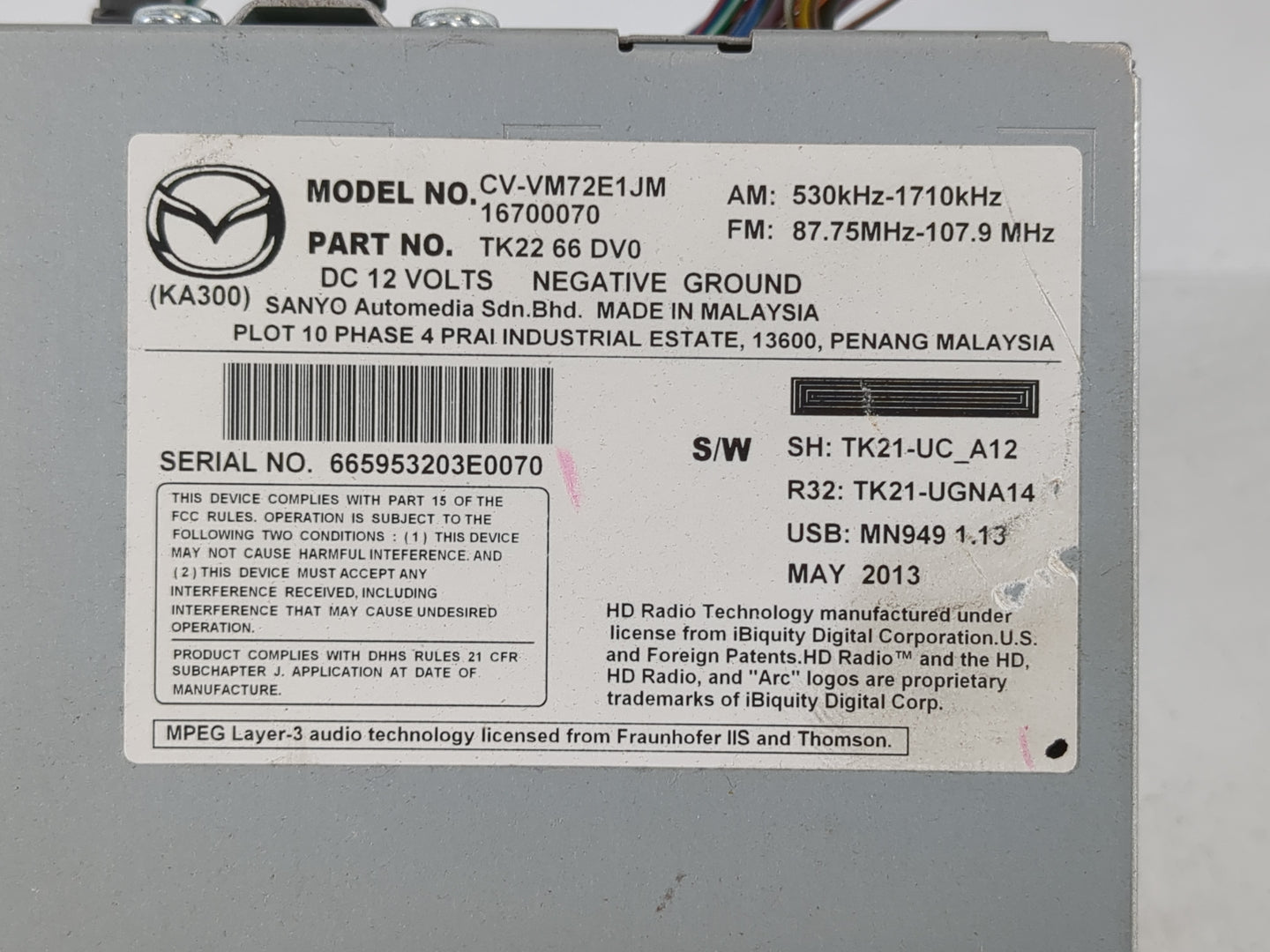 2013-2015 Mazda Cx-9 Radio AM FM Cd Player Receiver Replacement P/N:TK22 66 DV0 Fits Fits 2013 2014 2015 OEM Used Auto Parts