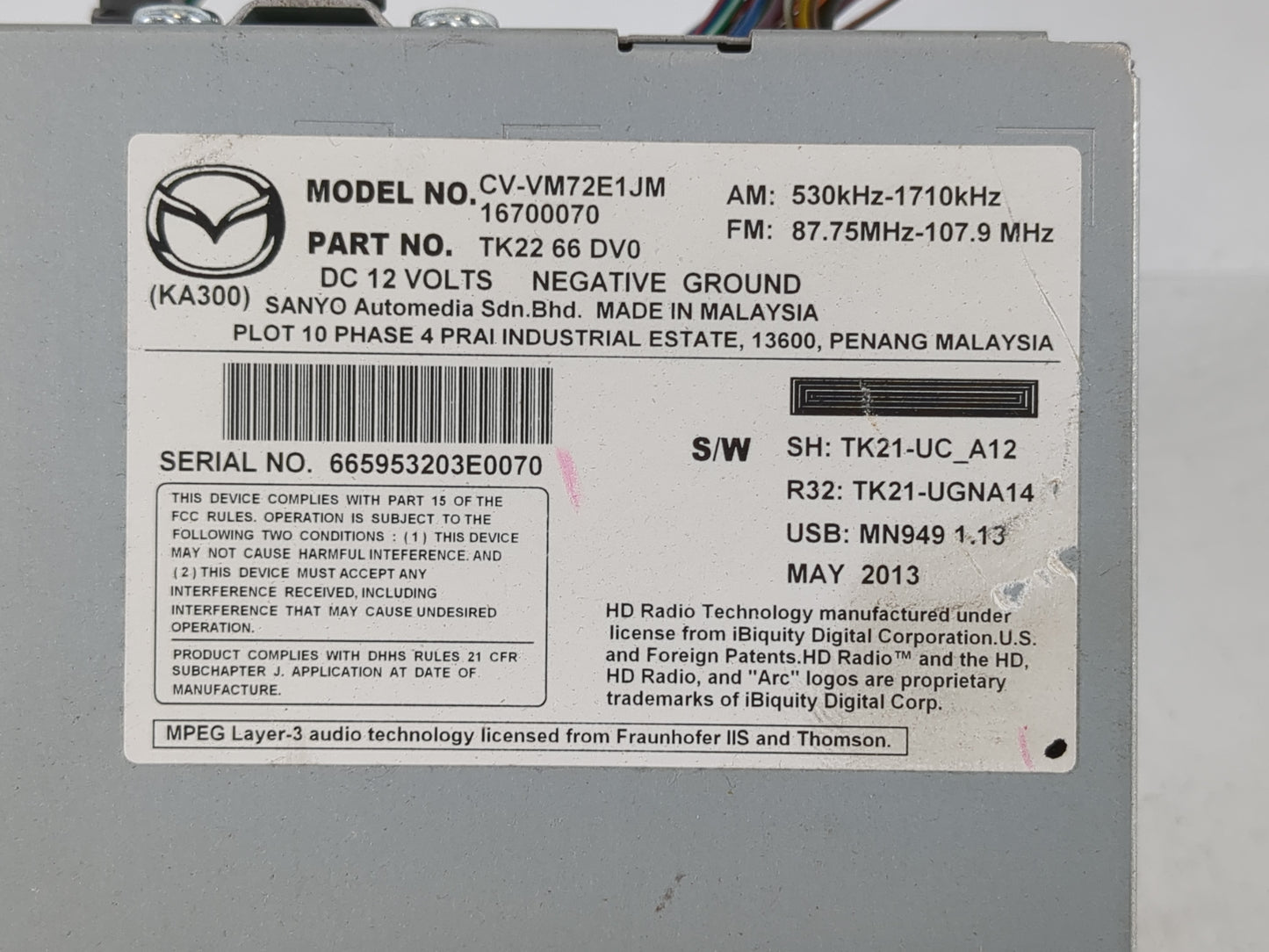 2013-2015 Mazda Cx-9 Radio AM FM Cd Player Receiver Replacement P/N:TK22 66 DV0 Fits Fits 2013 2014 2015 OEM Used Auto Parts