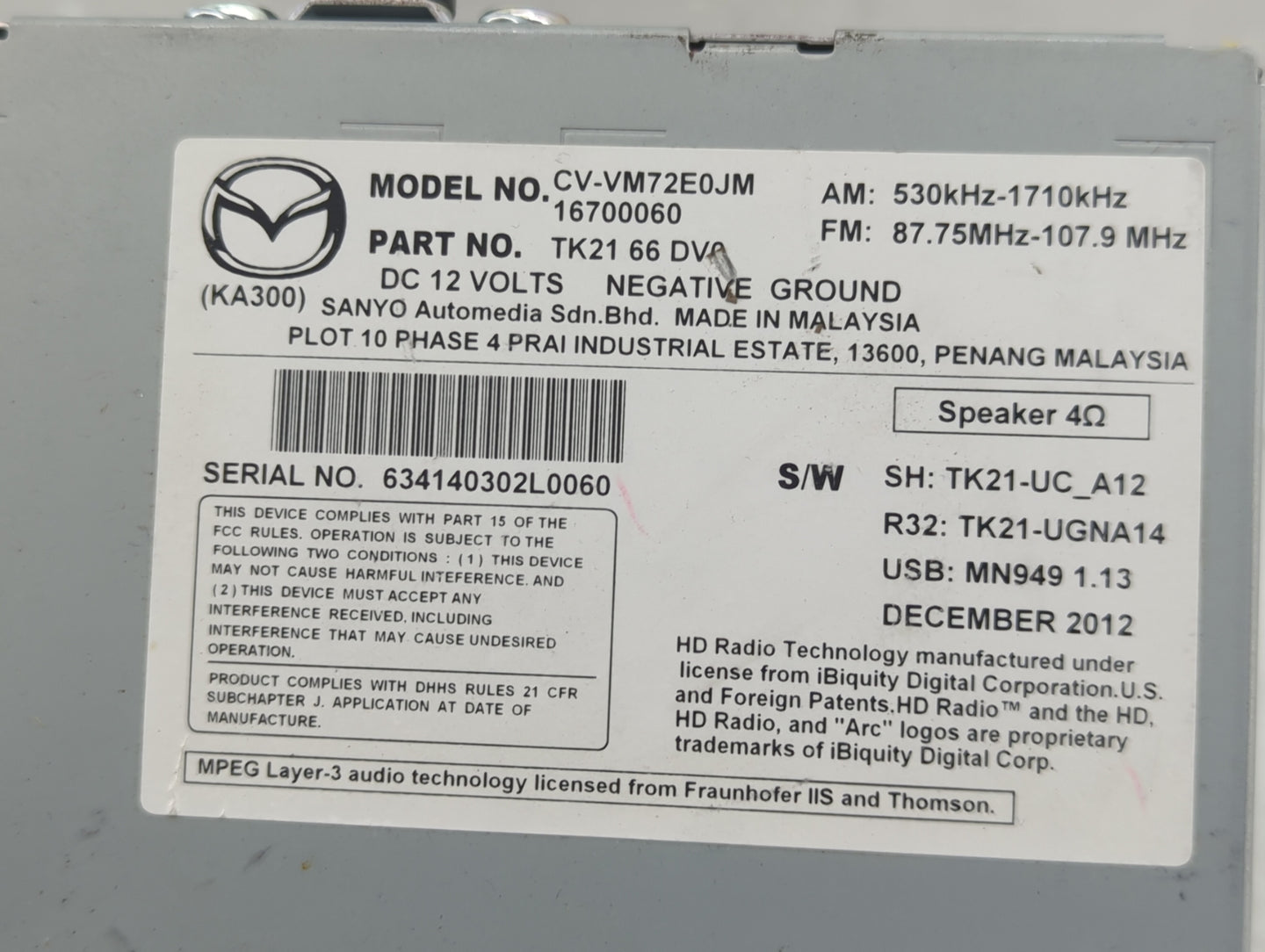 2013-2015 Mazda Cx-9 Radio AM FM Cd Player Receiver Replacement P/N:TK21 66 DV0 Fits Fits 2013 2014 2015 OEM Used Auto Parts