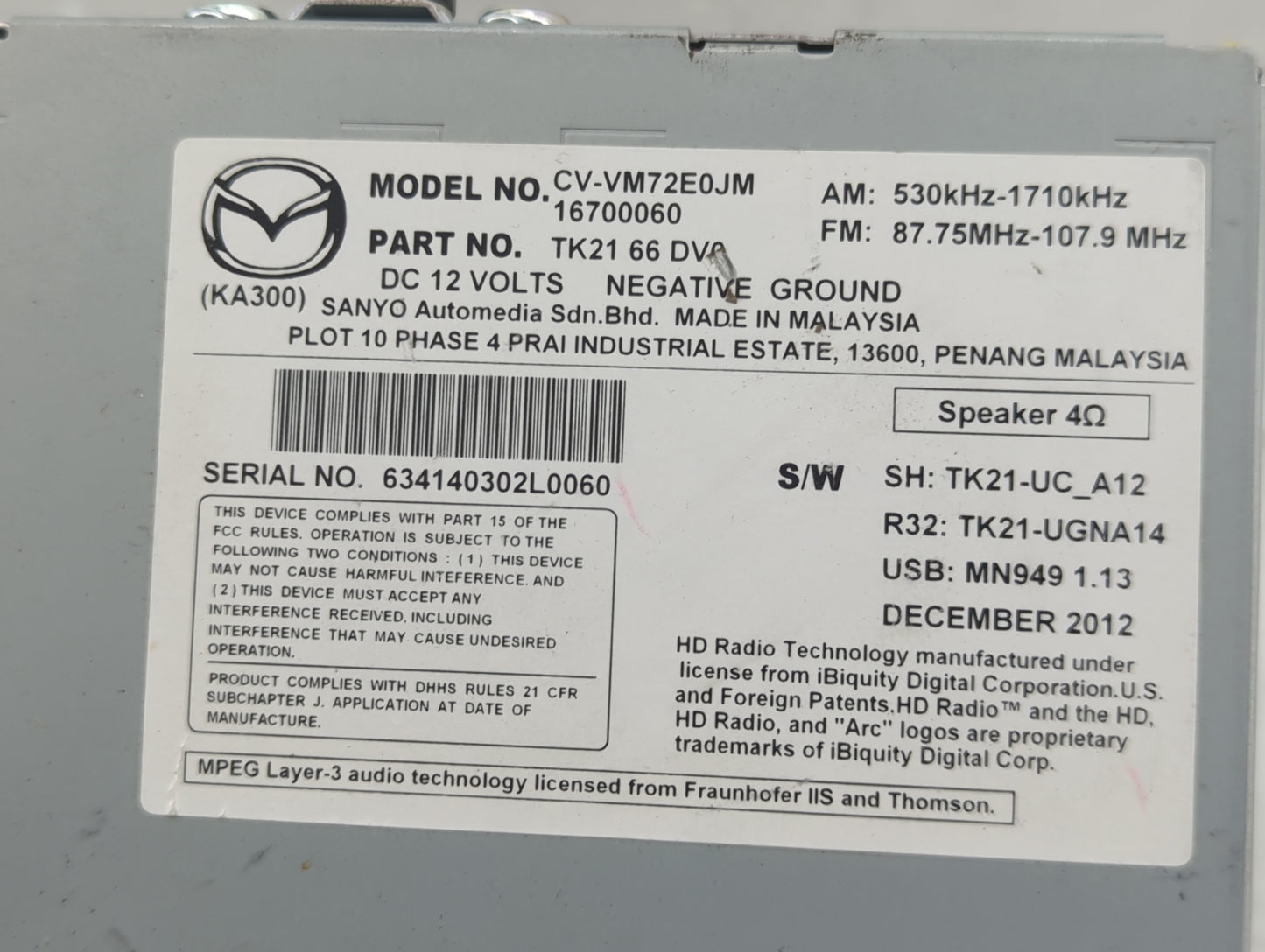 2013-2015 Mazda Cx-9 Radio AM FM Cd Player Receiver Replacement P/N:TK21 66 DV0 Fits Fits 2013 2014 2015 OEM Used Auto Parts