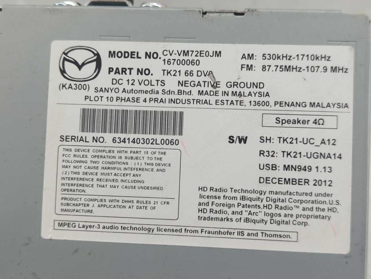 2013-2015 Mazda Cx-9 Radio AM FM Cd Player Receiver Replacement P/N:TK21 66 DV0 Fits 2013 2014 2015 OEM Used Auto Parts - Oe