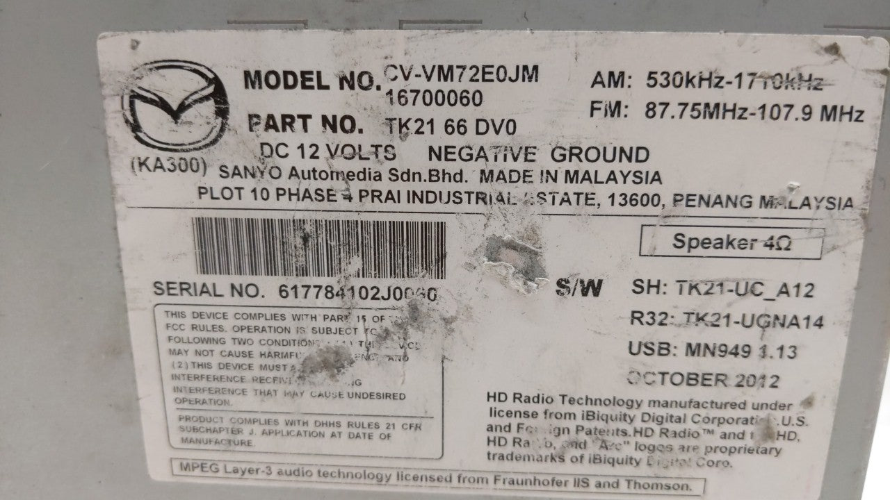 2013-2014 Mazda Cx-9 Radio AM FM Cd Player Receiver Replacement P/N:TK22 66 DV0A TK22 66 DV0, TK21 66 DV0 Fits Fits 2013 201