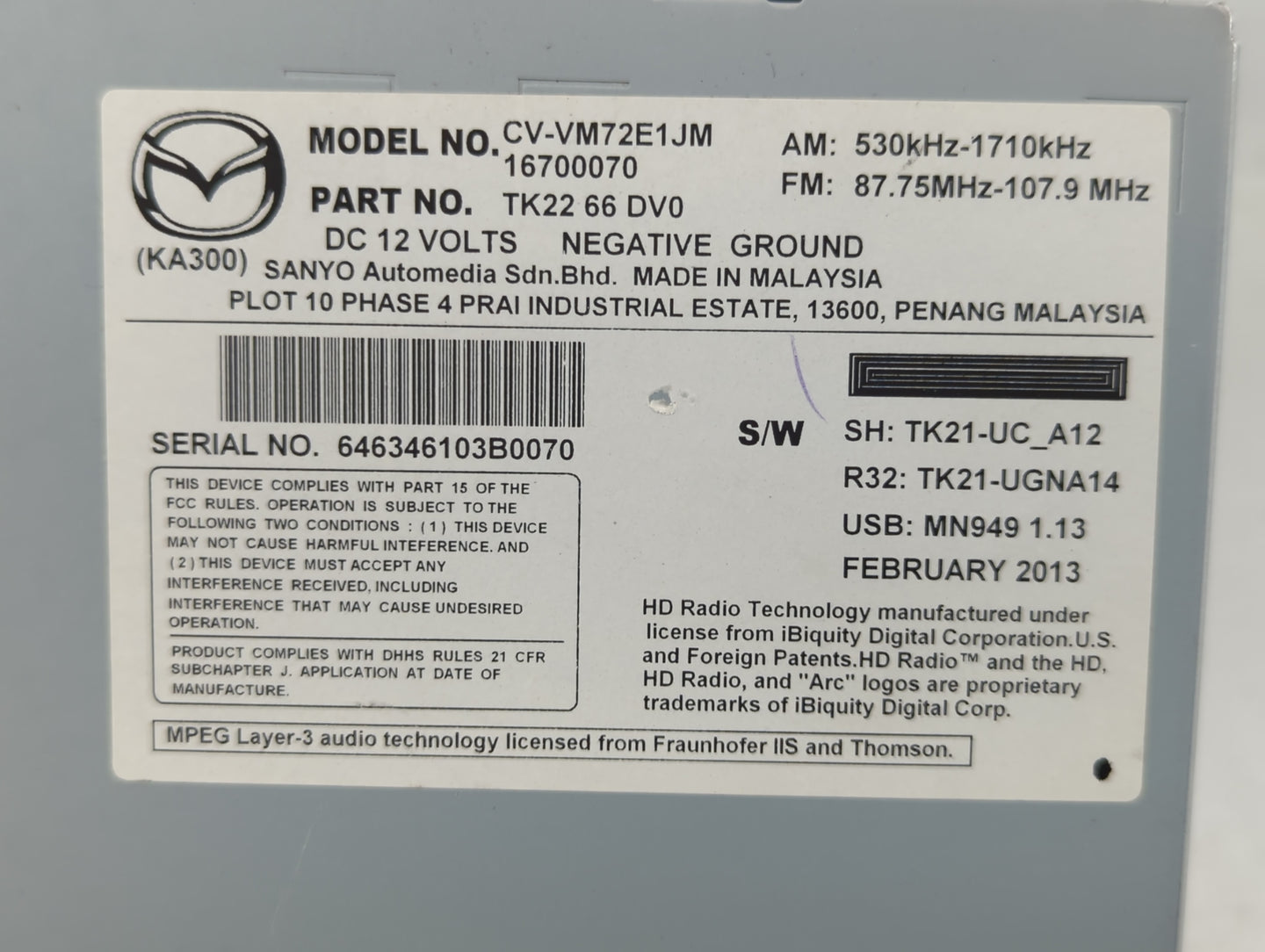 2013-2015 Mazda Cx-9 Am Fm Cd Player Radio Receiver - Oemusedautoparts1.com