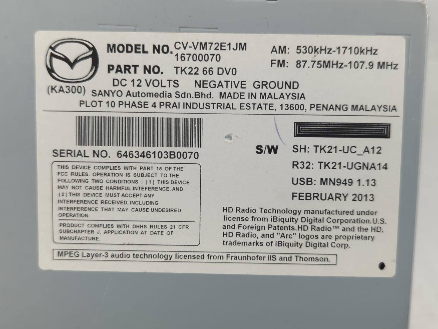 2013-2015 Mazda Cx-9 Am Fm Cd Player Radio Receiver - Oemusedautoparts1.com
