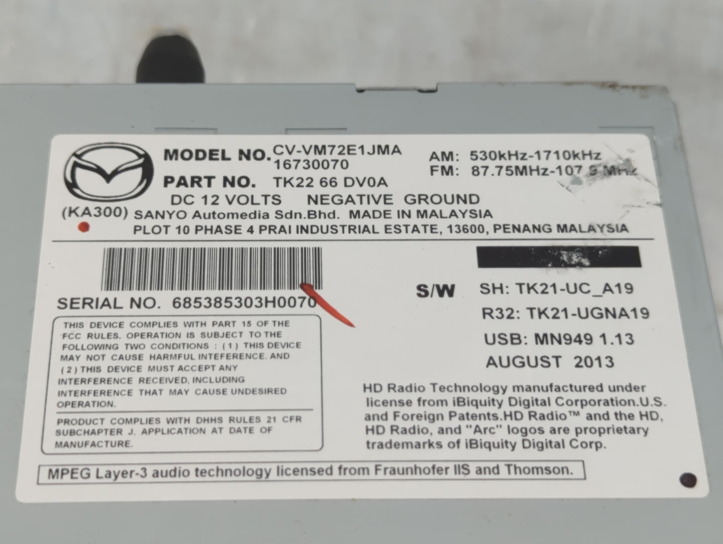 2013-2015 Mazda Cx-9 Radio AM FM Cd Player Receiver Replacement P/N:TK22 66 DV0 Fits Fits 2013 2014 2015 OEM Used Auto Parts