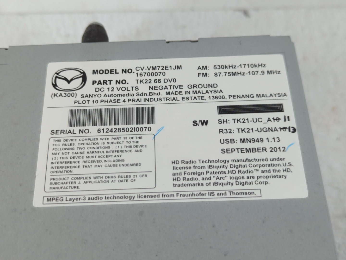 2013-2015 Mazda Cx-9 Radio AM FM Cd Player Receiver Replacement P/N:16700070 TK22 66 DV0 Fits Fits 2013 2014 2015 OEM Used A