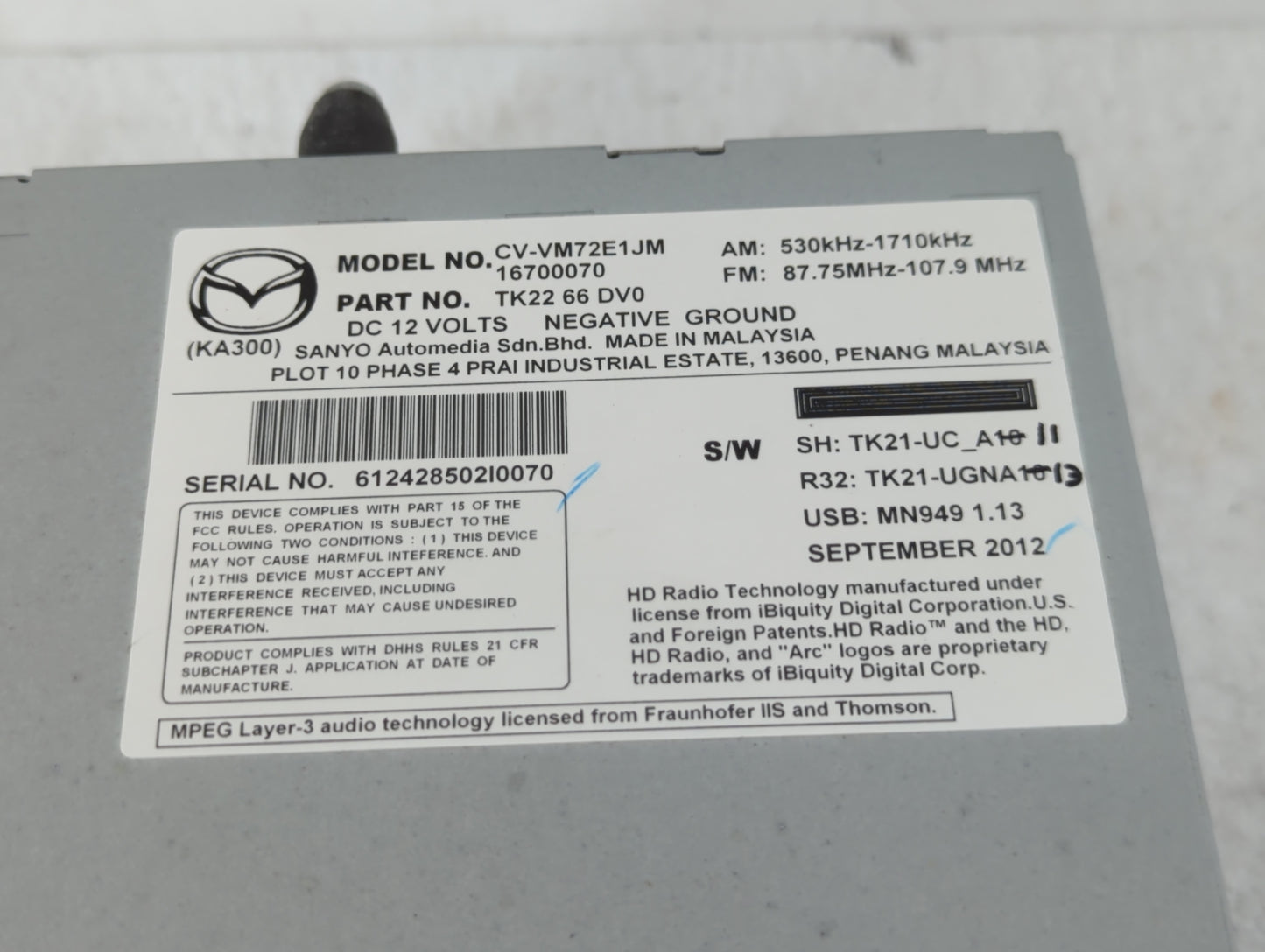 2013-2015 Mazda Cx-9 Radio AM FM Cd Player Receiver Replacement P/N:16700070 TK22 66 DV0 Fits Fits 2013 2014 2015 OEM Used A