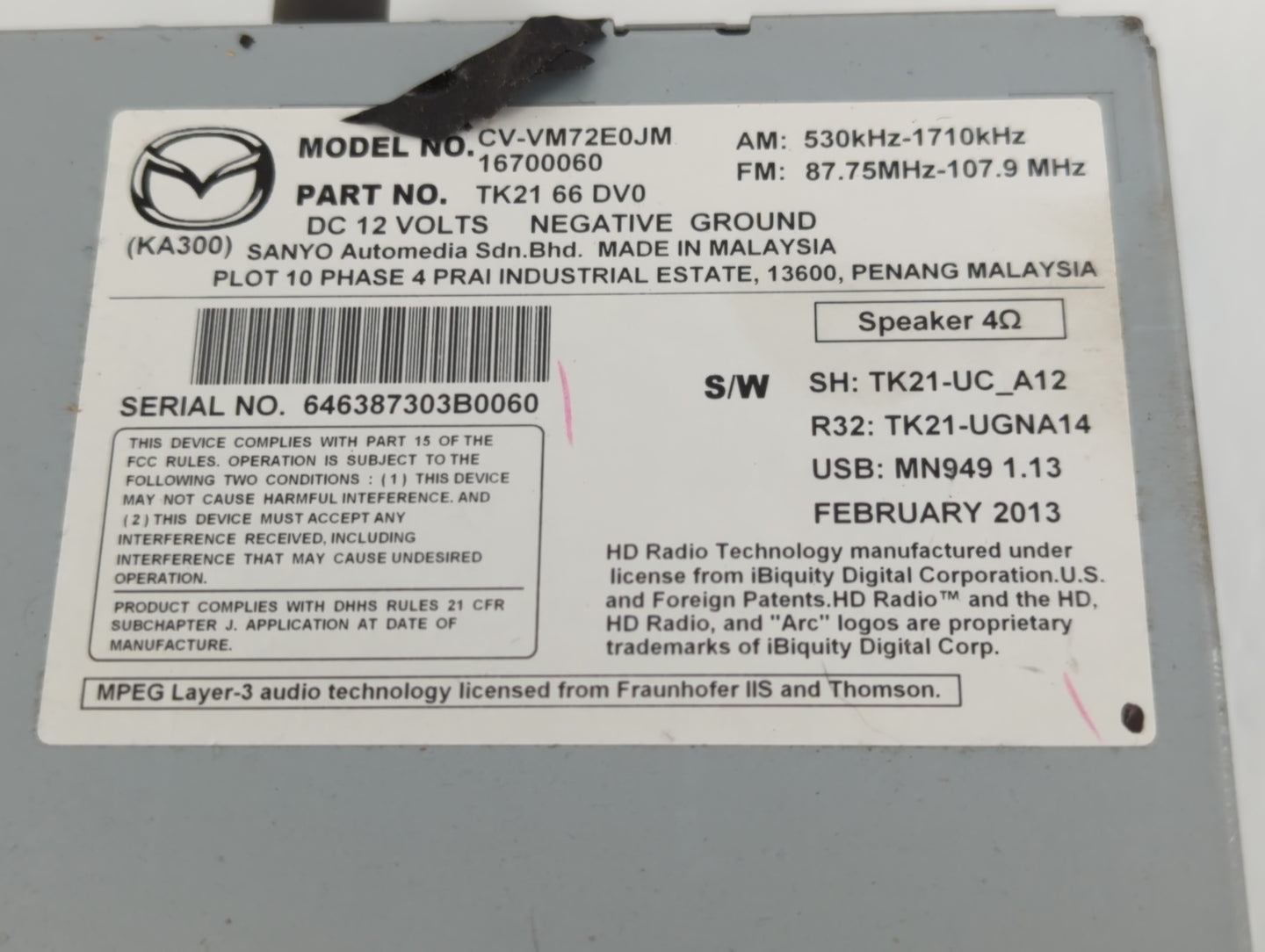 2013-2015 Mazda Cx-9 Radio AM FM Cd Player Receiver Replacement P/N:16700060 TK21 66 DV0 Fits Fits 2013 2014 2015 OEM Used A