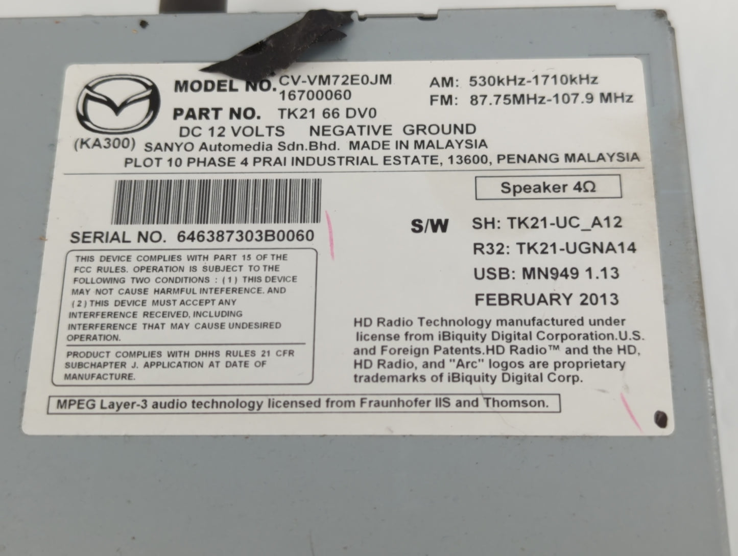 2013-2015 Mazda Cx-9 Radio AM FM Cd Player Receiver Replacement P/N:16700060 TK21 66 DV0 Fits Fits 2013 2014 2015 OEM Used A