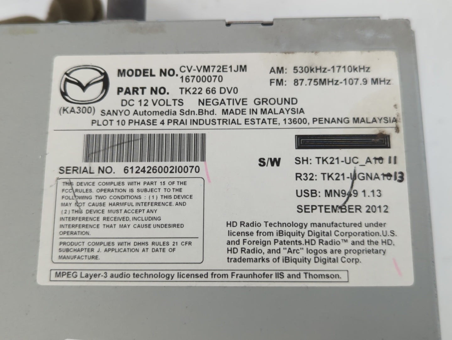 2013-2015 Mazda Cx-9 Radio AM FM Cd Player Receiver Replacement P/N:TK22 266 DV0 Fits Fits 2013 2014 2015 OEM Used Auto Part