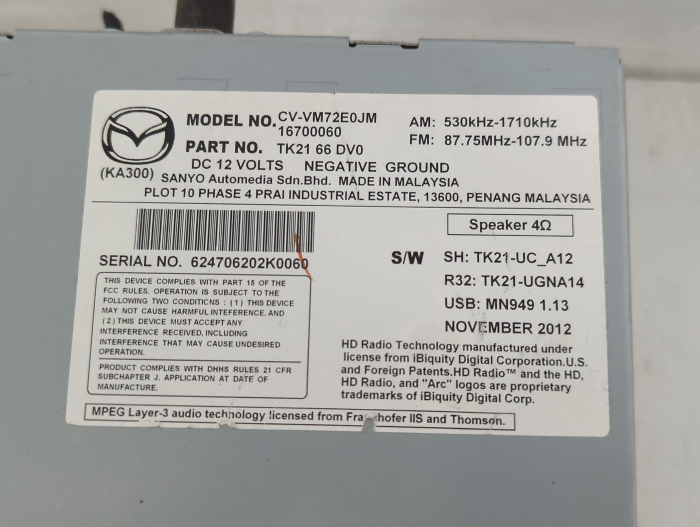 2013-2015 Mazda Cx-9 Radio AM FM Cd Player Receiver Replacement P/N:TK21 66 DV0 Fits Fits 2013 2014 2015 OEM Used Auto Parts