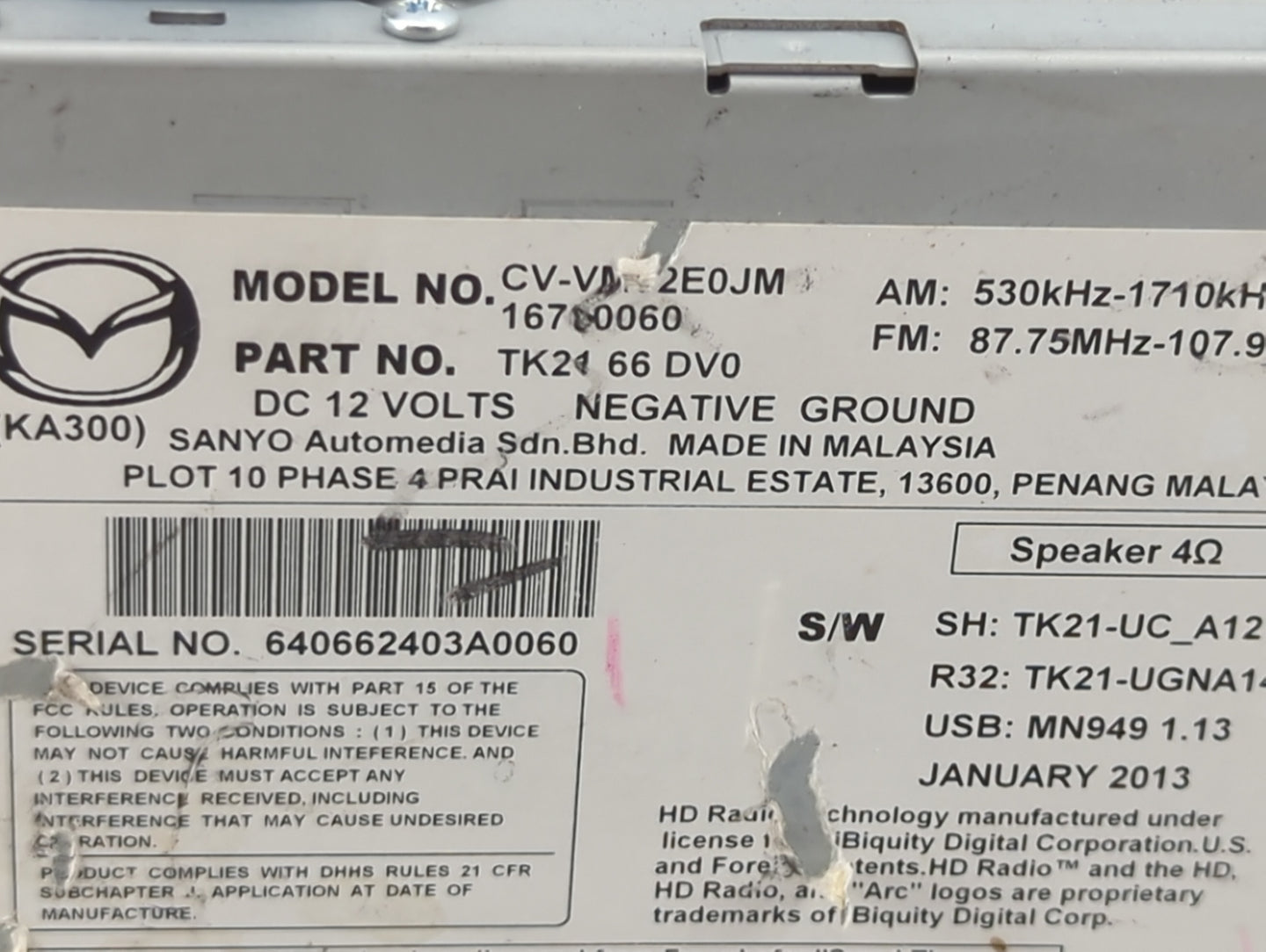 2013 Mazda Cx9 Radio AM FM Cd Player Receiver Replacement P/N:TK2166DV0 CV-VM2E0JM, 16700060 Fits Fits 2014 2015 OEM Used Au