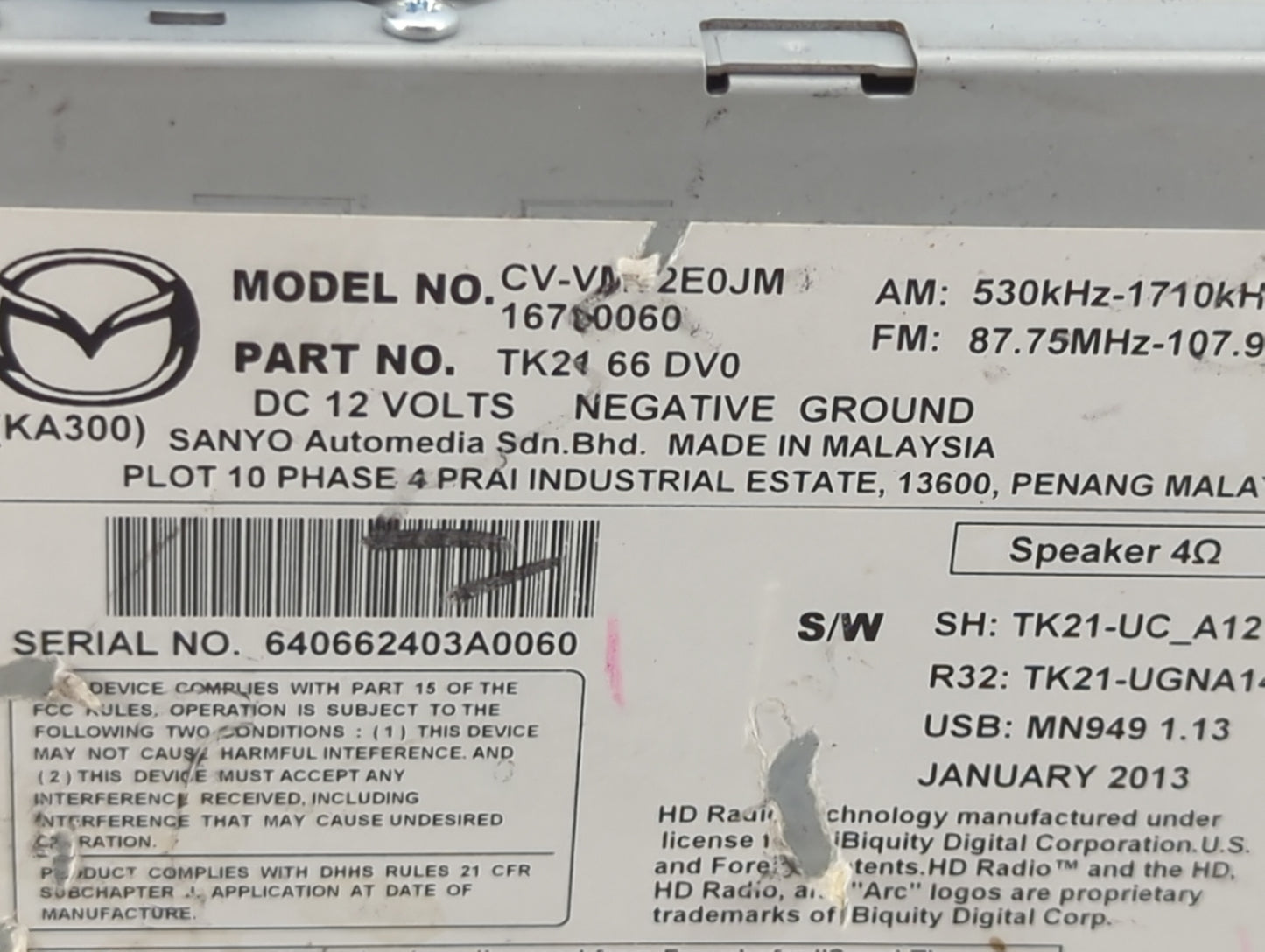 2013 Mazda Cx9 Radio AM FM Cd Player Receiver Replacement P/N:TK2166DV0 CV-VM2E0JM, 16700060 Fits Fits 2014 2015 OEM Used Au