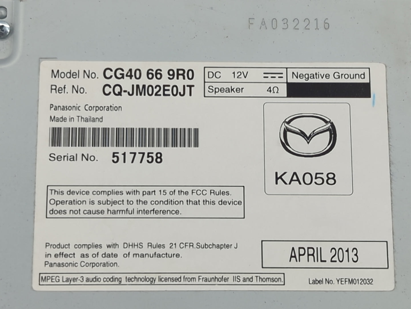 2013 Mazda Mazda5 Radio AM FM Cd Player Receiver Replacement P/N:CG40669R0 CQ-JM02E0JT Fits Fits 2014 2015 2016 2017 OEM Use