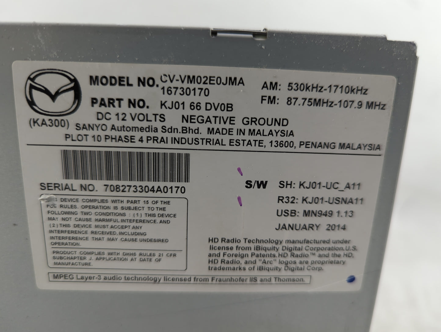 2013 Mazda Mazda Cx-5 Radio AM FM Cd Player Receiver Replacement P/N:KJ0166DV0B CV-VM02E0JMA Fits Fits 2014 2015 OEM Used Au